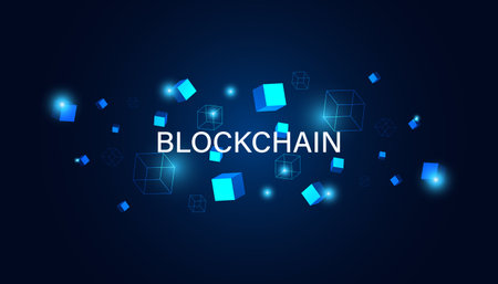 Digital square abstract and digital circuit, circle, hi-tech, blockchain, technology, cryptocurrency, decentralized on blue background, modern, futuristic.のイラスト素材