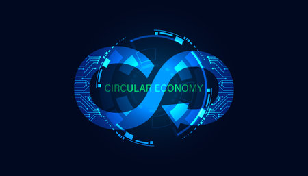 Abstract ESG circle circular economy with circuit board concept sustainable corporate development Environment, Social, and Governance on a modern blue background.のイラスト素材