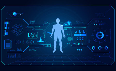 abstract technology ui futuristic concept human health hud interface hologram elements of digital data chart, communication, computing and circle percent vitality innovation on hi techのイラスト素材