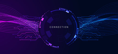 circle circuit board topic connection colorful and neon light purple and blue wave on circle digital and Technology Background with Computer Systems light blue.beautiful sparkling light futuristicのイラスト素材