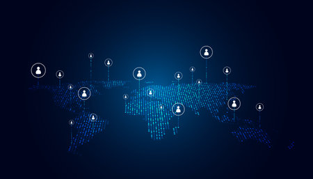 Map with people icons and connection city concept modern smart city on world map modern communication business connection internet network on blue background modern futuristicのイラスト素材