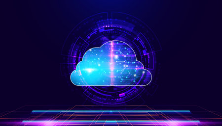 A vibrant digital cloud symbol against a dark background, representing connectivity and data storage in modern technology. concept The process of maintaining, storing, managing, processing, analyzingのイラスト素材