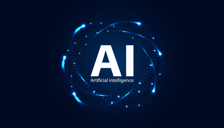 A captivating visual representation of artificial intelligence, featuring dynamic blue lights forming an abstract pattern around the letters 'AI'.のイラスト素材