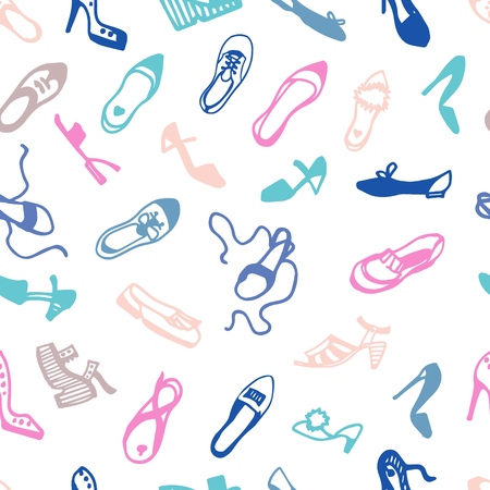Womans shoes vector seamless surface pattern: flats, pumps, heels, wedges, sandals, flatform, mules.のイラスト素材