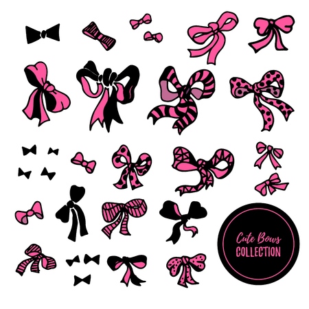 Pink and black bows on white background collection. Hand drawn vector illustration.のイラスト素材