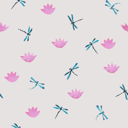 Cute pink and blue watercolor seamless pattern with dragonflies and lotus water flowersの写真素材