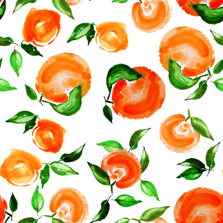 Watercolor oranges with leaves seamless pattern on white backgroundの写真素材