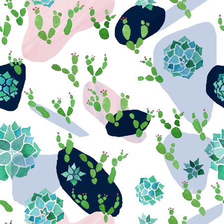 Abstract minimalist seamless pattern. Pastel rose, blue and black stains with watercolor cactus and echeveria plants on white backgroundの写真素材