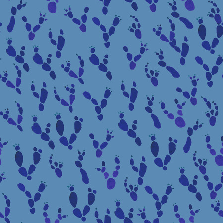 Navy blue cactus watercolor seamless surface pattern on light blue background