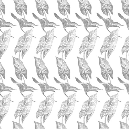 Tropical leaves seamless regular pattern. Hand drawn monochrome watercolor illustration isolated on white background.の写真素材