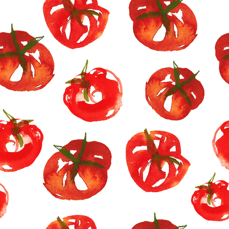 Seamless watercolor surface pattern from fresh ripe tomatoes isolated on white background. Fresh tomatoes flat lay, view from above.の写真素材