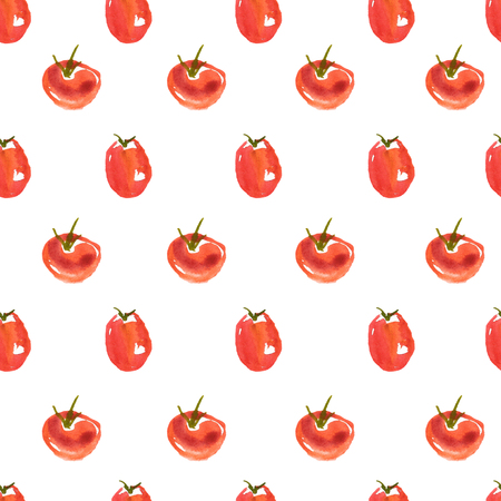 Seamless watercolor surface pattern from fresh ripe cherry and plum tomatoes on white background. Fresh tomatoes flat lay, view from above.の写真素材