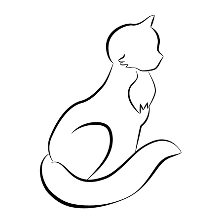 Minimalist sitting cat drawing. Cat doodle in abstract hand drawn style, black and white line art vector illustration. Black lines on white backgroundのイラスト素材