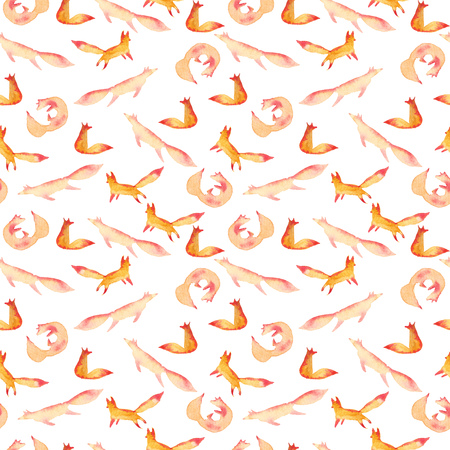 Cute orange red foxes watercolor seamless pattern on whitenavy background. Cartoon simple foxes playing, curled, jumping, sittingの写真素材