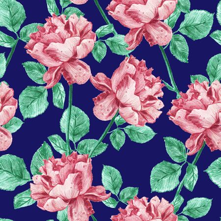 Vintage floral seamless pattern with hand drawn garden roses. Elegant pastel rose and green design with leaves and flowers on blue backgroundの写真素材