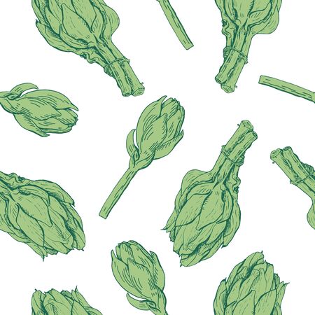 Green artichokes hand drawn vector seamless pattern on white. Fresh vegetable objects. Detailed vegetarian food drawing. Farm market productのイラスト素材