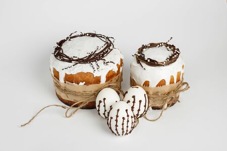 Easter cake and painted eggs, festive composition in rustic style, russian orthodox tradition, white...
