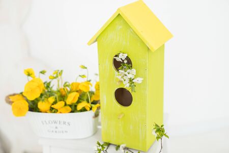 spring photo zone, spring background, easter background in yellow and green colors,の写真素材