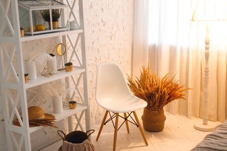Modern interior with white chair and pampass grass. Home interior in white and brown colorsの写真素材