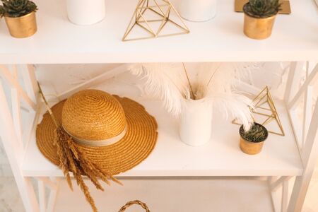 White bookstand with white brown detals. Subject shot of a straw hat, white feathers and cactusの写真素材
