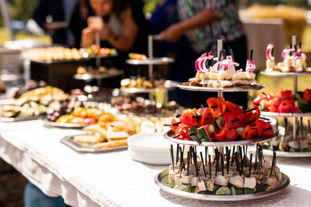 A set of canapes and snack at a banquet with white table. Slices of tomato, cucumber, olive, onion,...