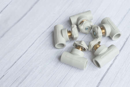 Five polypropylene water tap in circle . Top view of gray tap in cold colorsの写真素材