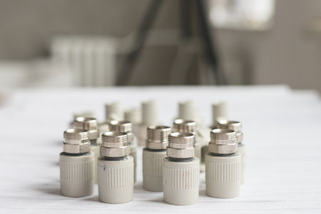 Combined couplings for connecting metal and polypropylene water pipesの写真素材