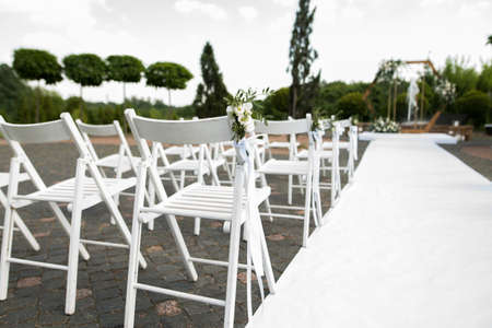 Side view of beautiful wedding ceremony place with natural materialsの写真素材