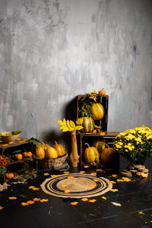 Autumn still life with pumpkins and autumn leaves on dark backgroundの写真素材