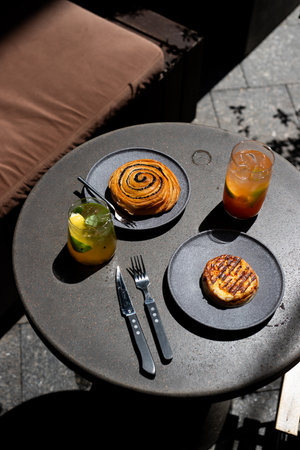 Coffee and Pastry on Table in French Restaurant, Franceの写真素材