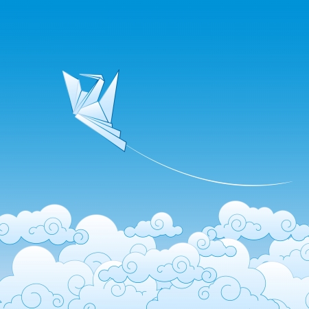 Paper origami crane against the blue skyのイラスト素材