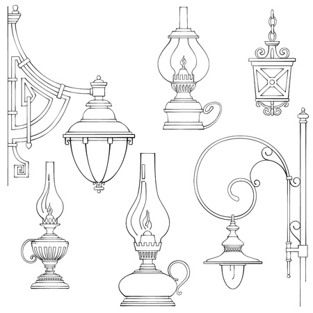 Vintage gas lamps kerosene lamps silhouetteの写真素材
