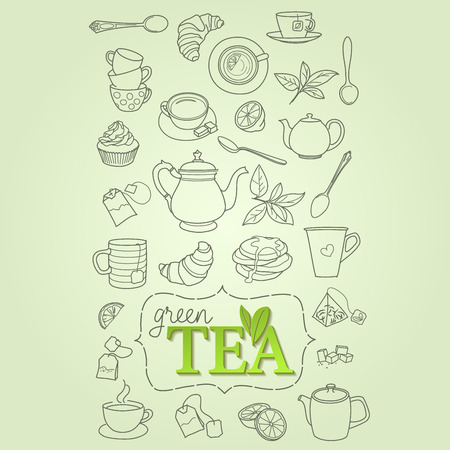 Hand drawn green tea doodle concept のイラスト素材