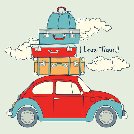 Retro Car Loaded For a Traveling Vector  Cardのイラスト素材