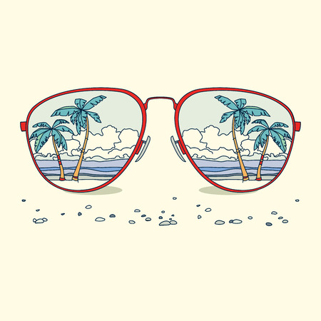 Reflection of the beach, palm trees, beach in sunglasses. Vector backgroundのイラスト素材