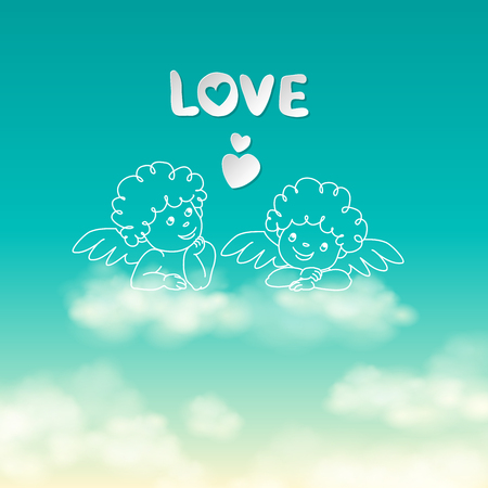Two angels on a cloud love word and heart on the sunny sky background vector illustrationのイラスト素材