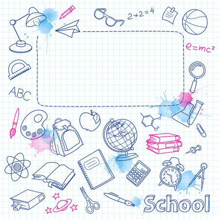 School doodle on the blots checkered page with space for text vectorのイラスト素材