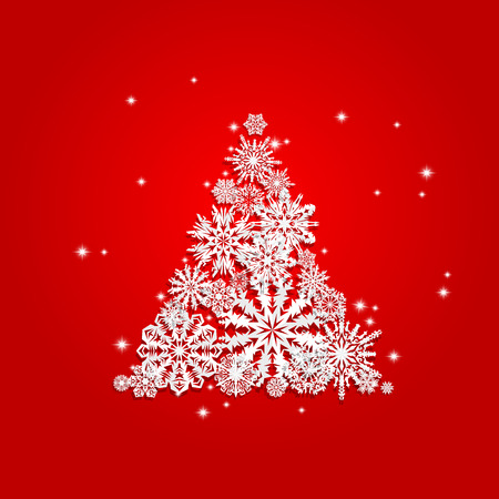 Christmas and New Years red background with Christmas Tree made of cutout paper snowflakesのイラスト素材