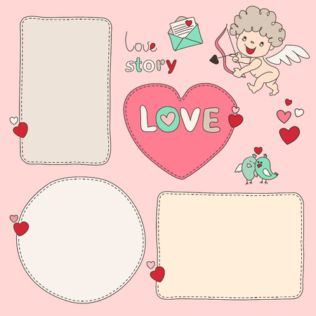 Bubble form Heart and cupid. Set of hand drawn dashed line boxes. Doodle style.のイラスト素材