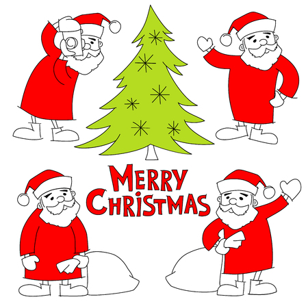 Santa Claus, Christmas tree and the words Merry Christmas, doodle vector setのイラスト素材