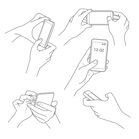 Hand holding smartphone sketch vector illustrations collectionのイラスト素材