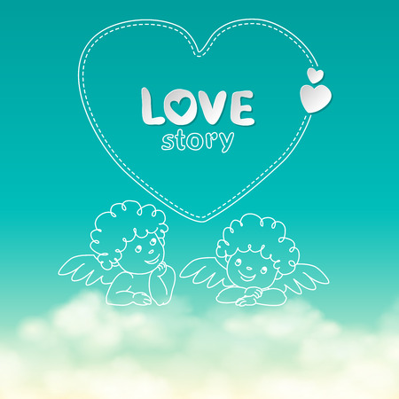 Illustration of hand drawn love story quote width cupid on sunny sky with clouds background vectorの写真素材