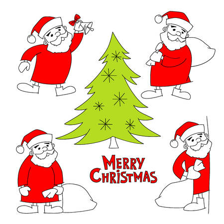 Santa Claus, Christmas tree and the words Merry Christmas, doodle vector setの写真素材