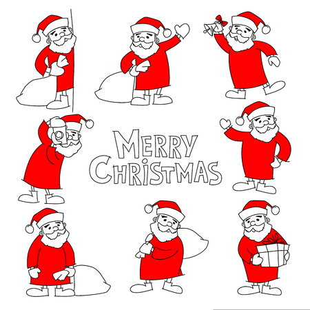 Big set of hand drawing santa clauses and text merry christmas, doodles, vectorの写真素材