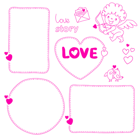 Set of hand drawn love story quote dashed line boxes Doodle style blank, templateの写真素材