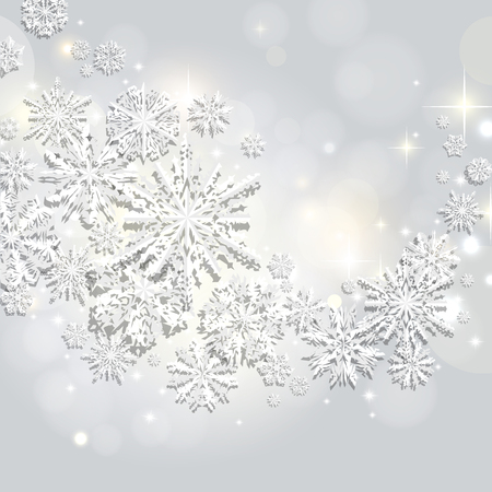 Abstract swirl of paper snowflakes on a silver, bokeh, shine backgroundのイラスト素材