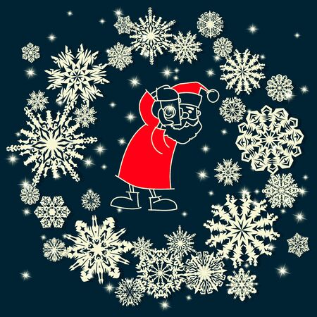 santa claus photographer with camera and snowflakes vector christmas illustration set of doodlesのイラスト素材