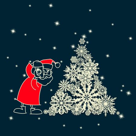 santa claus photographer with snowflakes Christmas tree vector christmas illustration set of doodlesのイラスト素材