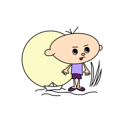 little boy launches paper boat, hand drawn doodleのイラスト素材