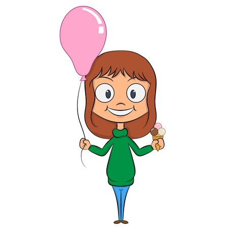 cheerful girl with a ball and ice cream in the hands of a celebratory moodのイラスト素材